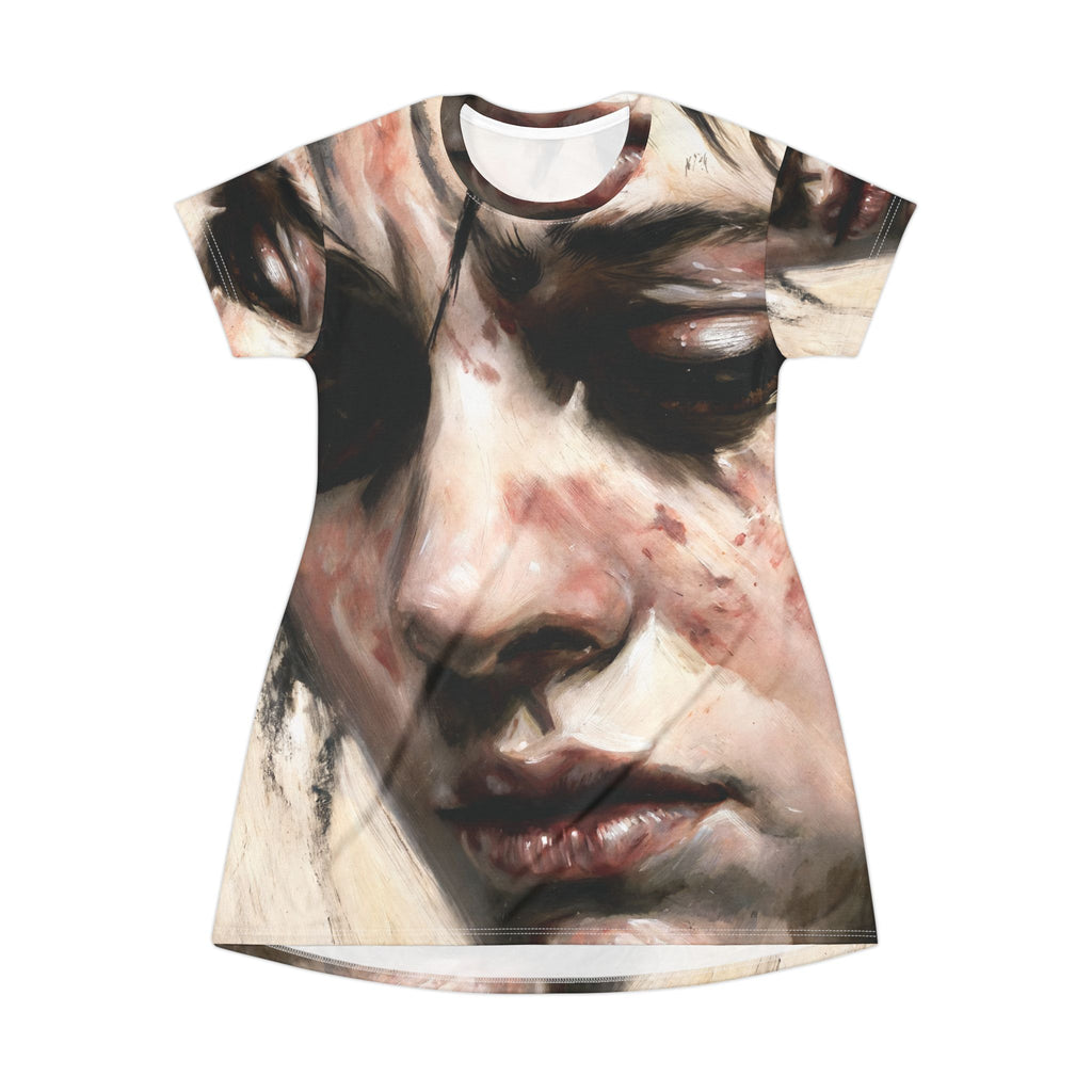 Portrait Art T-Shirt Dress — Melancholic Face All-Over Print