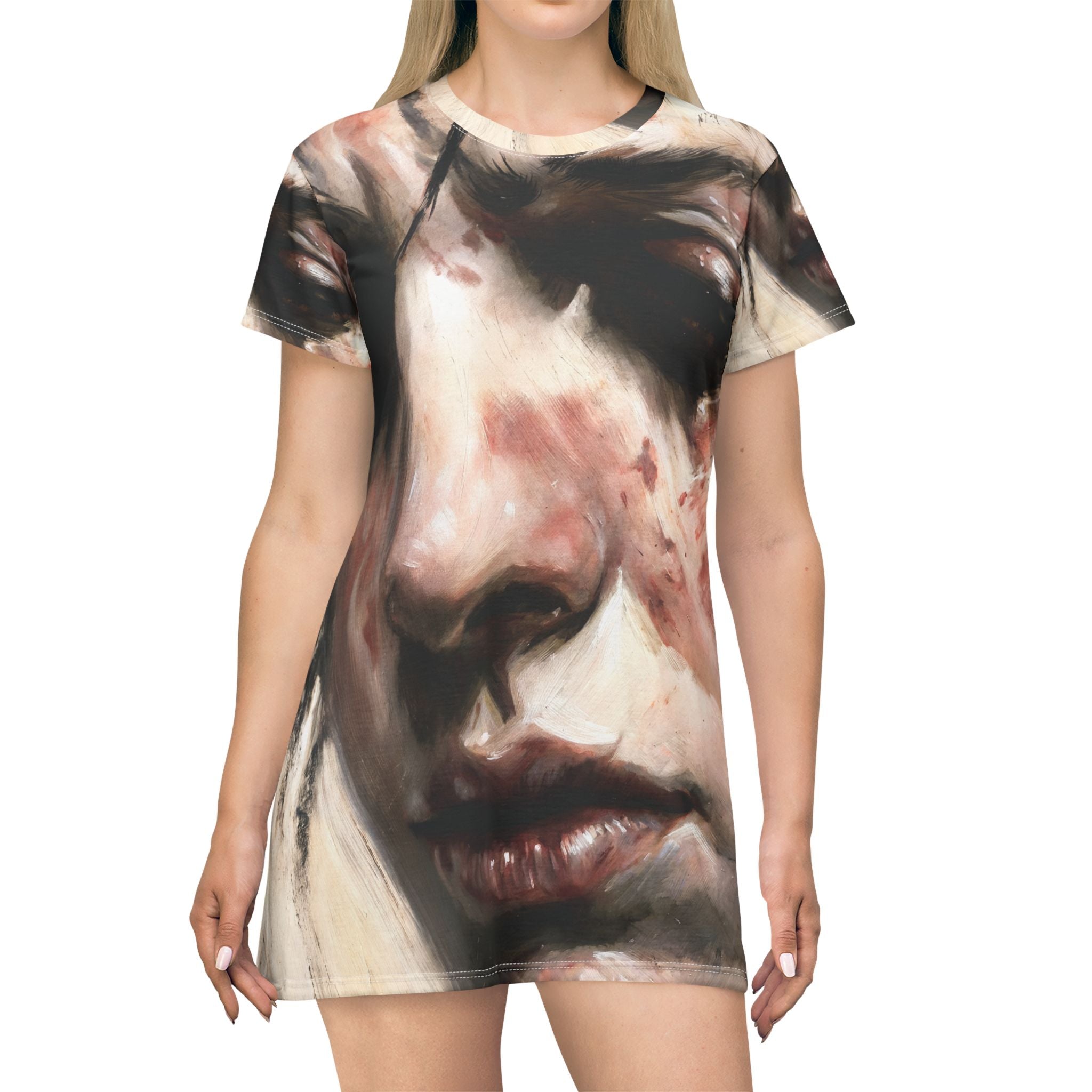 Portrait Art T-Shirt Dress — Melancholic Face All-Over Print