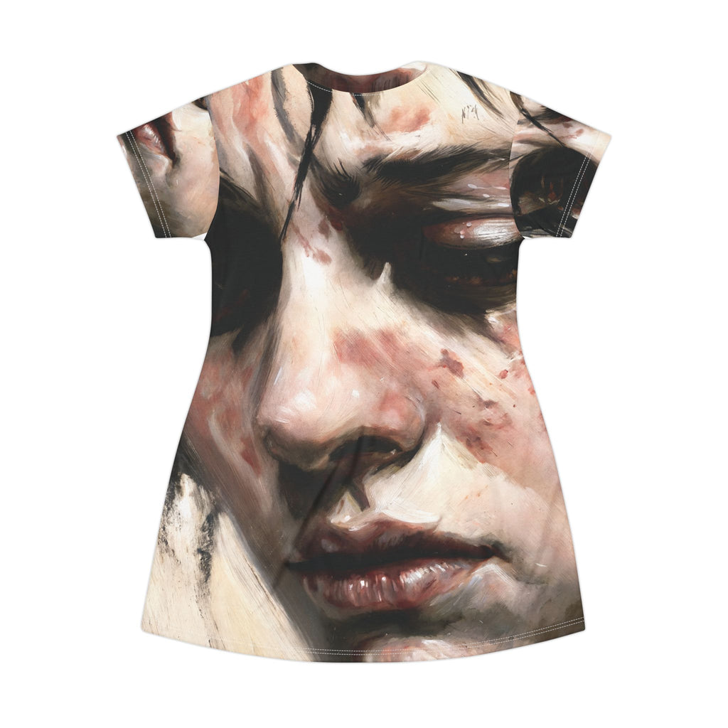 Portrait Art T-Shirt Dress — Melancholic Face All-Over Print