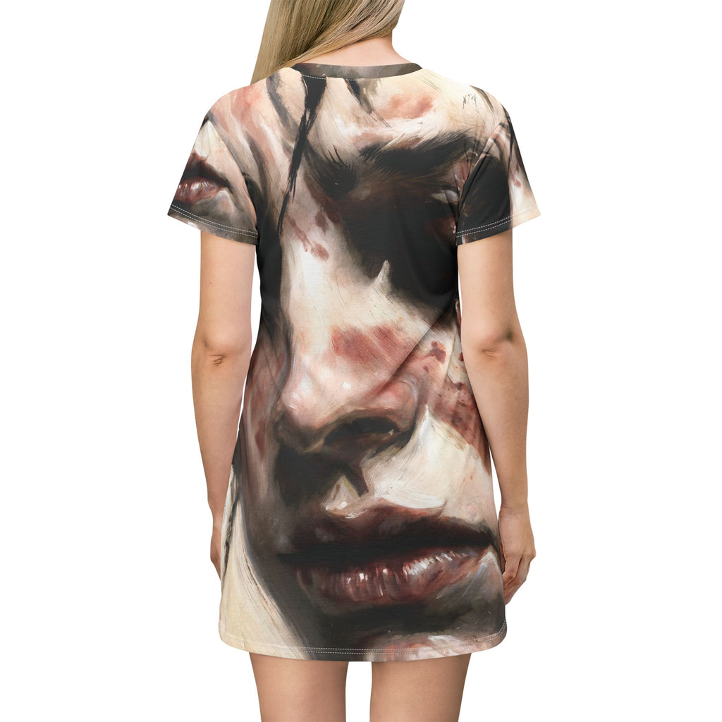 Portrait Art T-Shirt Dress — Melancholic Face All-Over Print