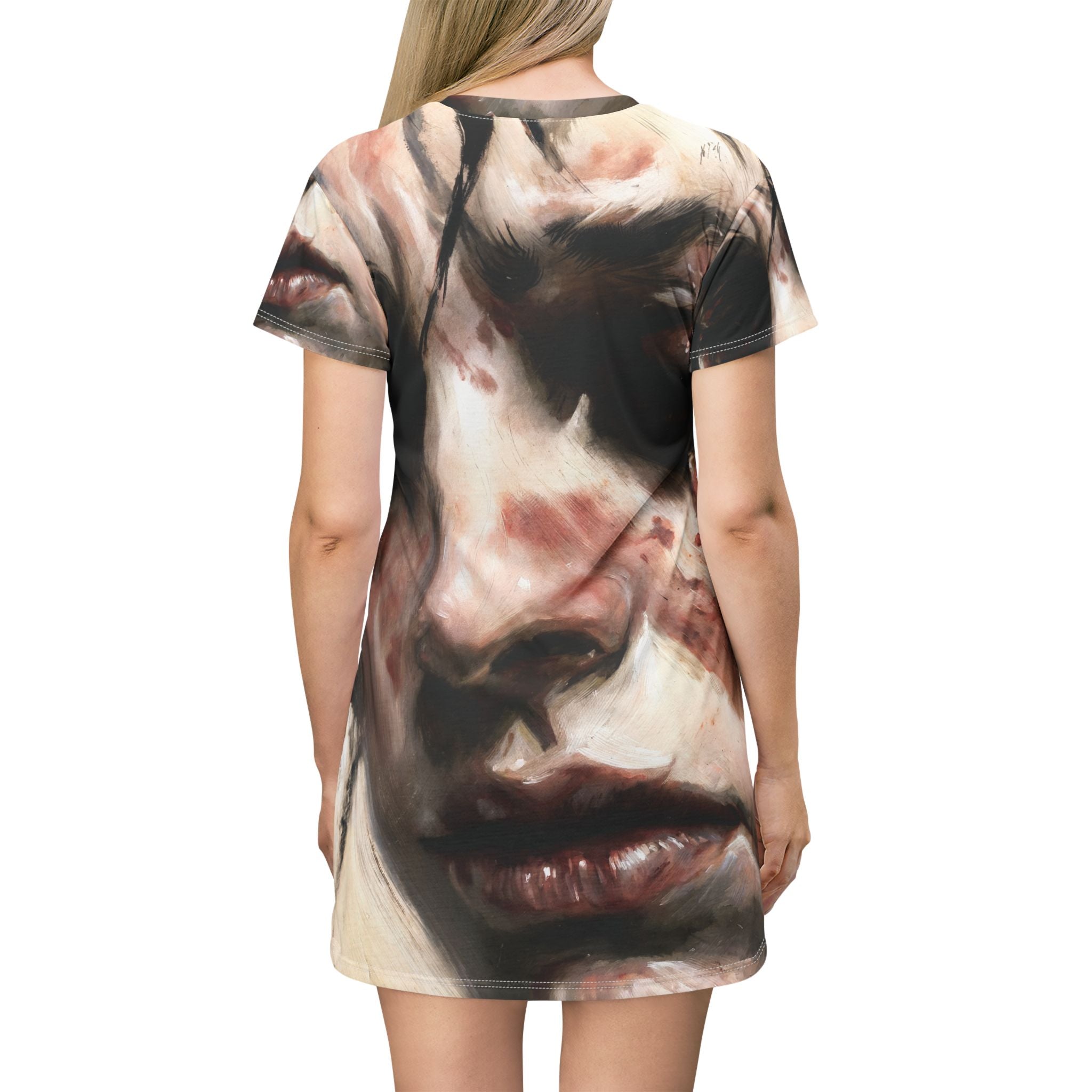 Portrait Art T-Shirt Dress — Melancholic Face All-Over Print